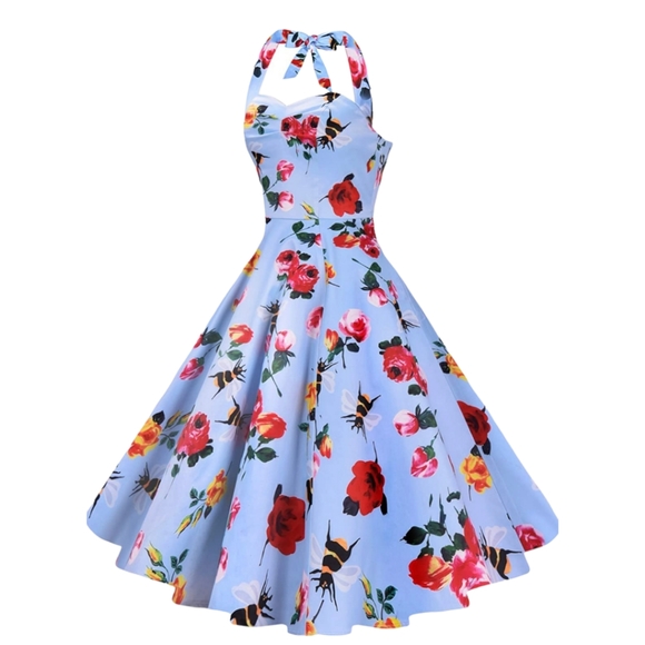 ANNI COCO HALTER 1950S FLORAL BEE PRINT ROCKABILLY COCKTAIL SWING DRESS SIZE S - Picture 2 of 16